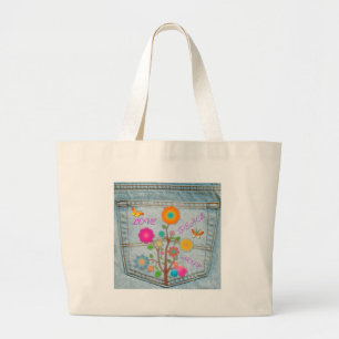Denim Back Pocket Flowers Peace Love Hope Grote Tote Bag