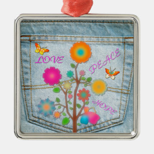 Denim Back Pocket Flowers Peace Love Hope Metalen Ornament