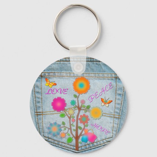 Denim Back Pocket Flowers Peace Love Hope Sleutelhanger (Voorkant)