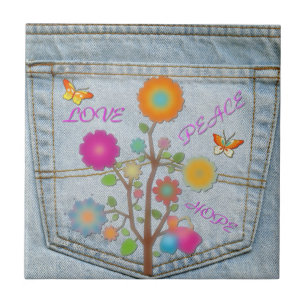 Denim Back Pocket Flowers Peace Love Hope Tegel Tegeltje