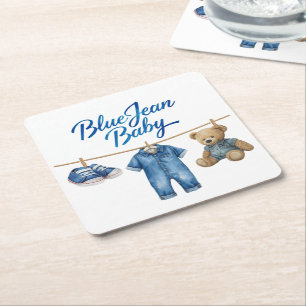 Denim Beer waslijn Boy Blue Jean Baby shower Vierkante Kartonnen Onderzetter