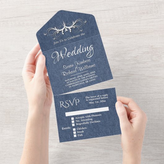 Denim Blue en White Tri Fold w Rsvp All In One Uitnodiging (Afscheurbaar)