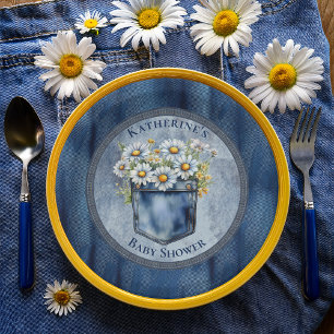 Denim Blue Jean   Daisies Floral Baby shower Papieren Bordje