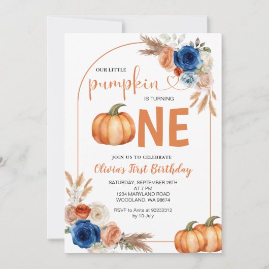 Denim Blue Rustic Citrouille 1er Invitation annive (Devant)