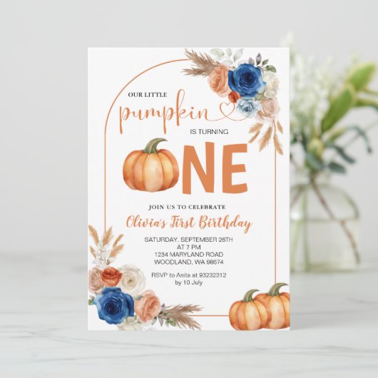 Denim Blue Rustic Citrouille 1er Invitation annive (Debout devant)