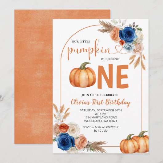 Denim Blue Rustic Pumpkin 1e verjaardag Uitnodigin Kaart (Voorkant / Achterkant)