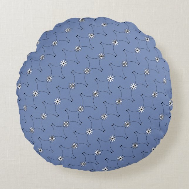Denim Blue Tiny White Dasies Round Pillow Rond Kussen (Voorkant)