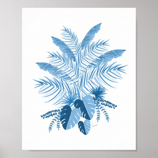 Denim Blue Tropical Leaves Poster (Voorkant)