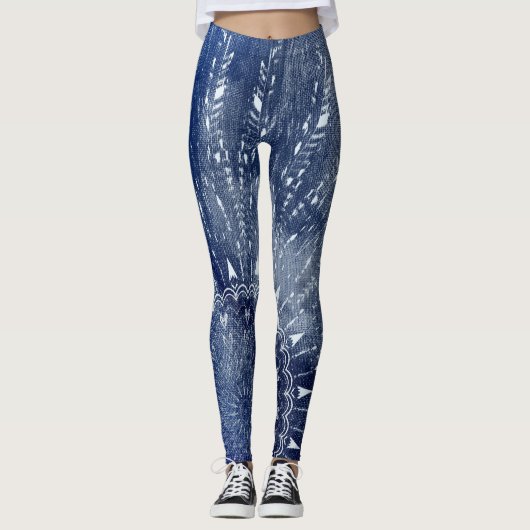 Denim Blue & White Mandala Mix Design Leggings (Voorkant)
