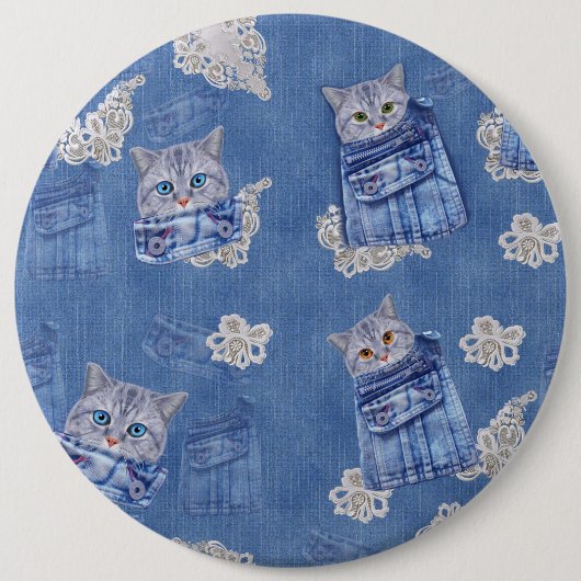 Denim-broekjans, Kittens en Lace Ronde Button 6,0 Cm (Voorkant)