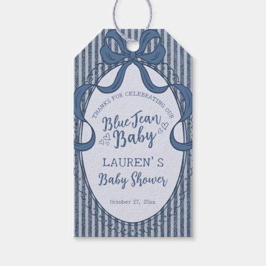 Denim Coquette Bow Blue Jean Baby Shower Favors Cadeaulabel (Voorkant)