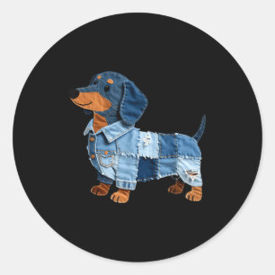 Denim-dachshond-hond patchwork-puppy vintage-kunst ronde sticker