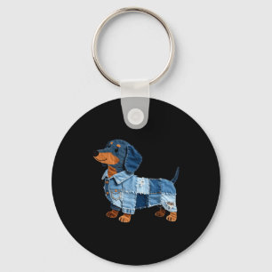 Denim-dachshund-hond patchwork-puppy vintage-kunst sleutelhanger