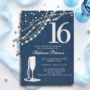 Denim Diamanten Parels Champagne ElegantSweet 16 Kaart