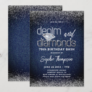 Denim Diamonds Blauw Wit Elegant 70e Verjaardag Kaart