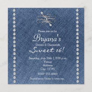 Denim Diamonds Bling Emblem Sweet 16 Invitation