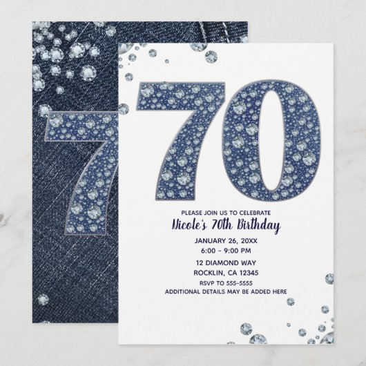 Denim & Diamonds Bling Glitter 70ste 70 Verjaardag Kaart (Voorkant / Achterkant)