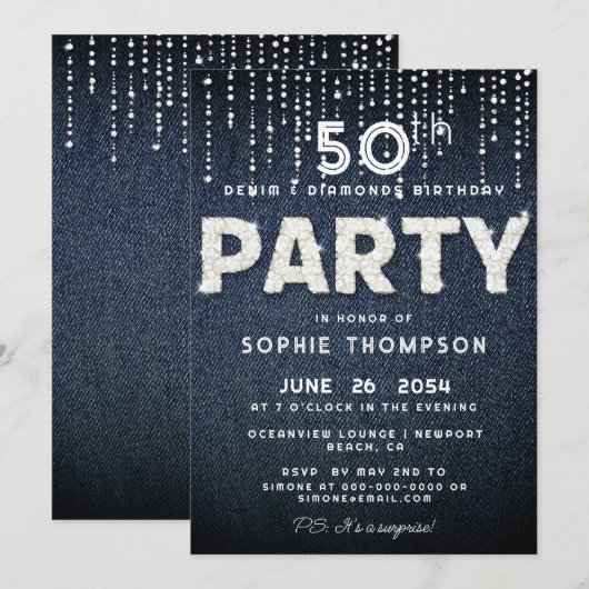 Denim Diamonds Bling Glitter Classy Birthday Party Kaart (Voorkant / Achterkant)