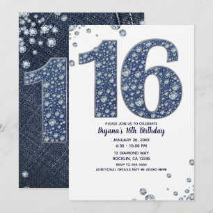 Denim & Diamonds Bling Glitter Zoete 16 Verjaardag Kaart