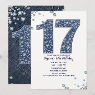 Denim & Diamonds Bling Schitter 17DE 17 Verjaardag Kaart