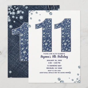 Denim & Diamonds Bling Schitteren 11e 11 Verjaarda Kaart