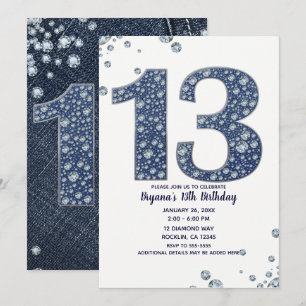 Denim & Diamonds Bling Schitteren 13 13e Verjaarda Kaart