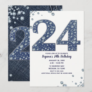 Denim & Diamonds Bling Schitteren 24 24e Verjaarda Kaart