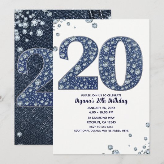 Denim & Diamonds Bling Sparkle 20TH 20 Birthday Kaart (Voorkant / Achterkant)