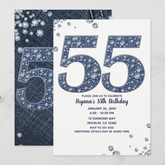 Denim & Diamonds Bling Sparkle 55TH 55 Birthday Kaart (Voorkant / Achterkant)