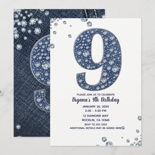Denim & Diamonds Bling Sparkle 9th 9th Birthday Kaart (Voorkant / Achterkant)