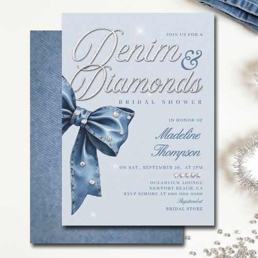 Denim Diamonds Blue Bow Chic Glam Vrijgezellenfees Kaart