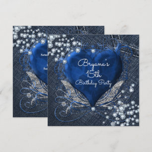 Denim & Diamonds Blue Heart-feestuitnodigingen Kaart