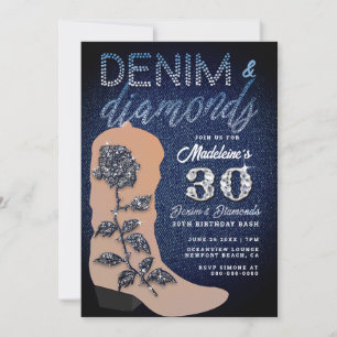 Denim Diamonds Boot Roos Rustic 30 Birthday Party Kaart