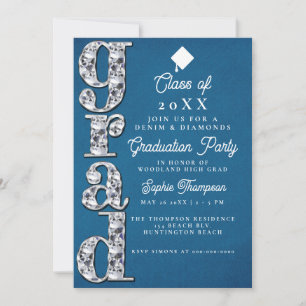 Denim Diamonds Elegant Script Graduparty Kaart