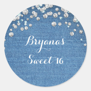 Denim & Diamonds Glam Gestrooide Bling Favor Ronde Sticker