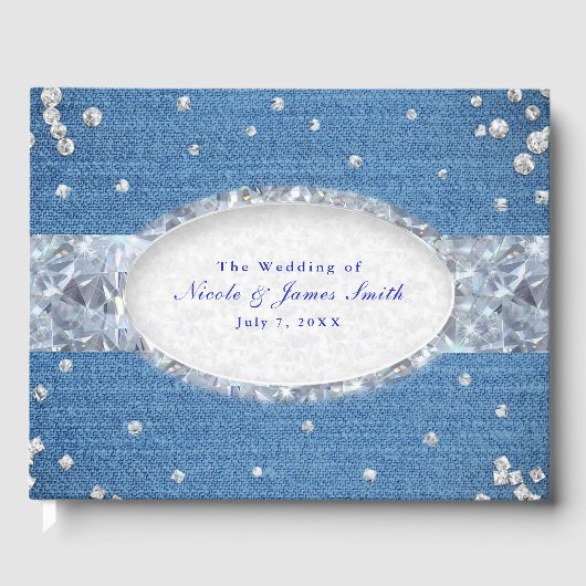Denim & Diamonds Glam Scattered Bling Wedding Gastenboek (Voorkant)