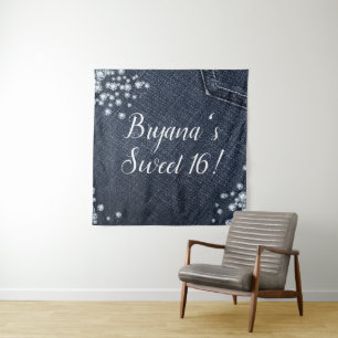 Denim & Diamonds Glam Verjaardagsfeest Achtergrond Wandkleed