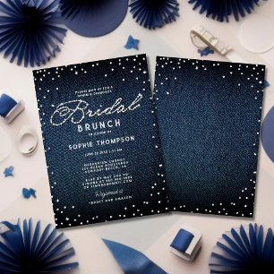 Denim Diamonds Glitter Blue Elegant Bridal Brunch Kaart