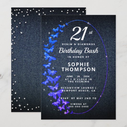 Denim Diamonds Glitter Butterflies Kaart (Voorkant / Achterkant)