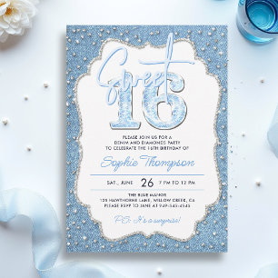 Denim Diamonds Glitter Elegante Lijst Sweet 16 Kaart