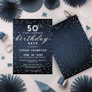 Denim Diamonds Glitter Modern 50e verjaardag Kaart