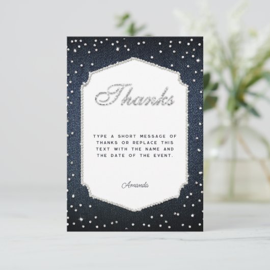 Denim Diamonds Glitter Rhinestones Frame Dank je w Bedankkaart (Staand voorkant)