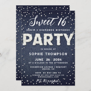 Denim Diamonds Glitter Sweet 16 Birthday Party Kaart