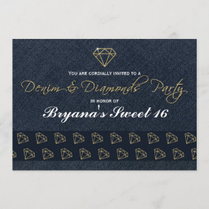 Denim & Diamonds Gold & Blue Glam Party Invitation Kaart