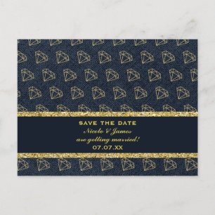 Denim & Diamonds Gold & Blue Glam Save the Date Aankondigingskaart