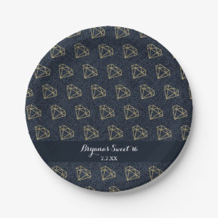 Denim & Diamonds Goud & Blauwe Bling Glam Feest Papieren Bordje