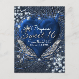 Denim & Diamonds Heart Sweet 16-feest reserveer da Aankondigingskaart
