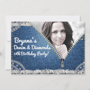 Denim & Diamonds Jean Zipper Feest Foto Uitnodigin Kaart
