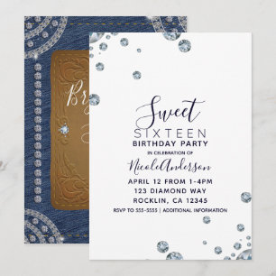 Denim & Diamonds Leren Verjaardagsfeest Sweet 16 F Kaart
