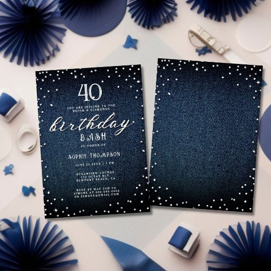 Denim Diamonds Modern Rustic 40th Birthday Party Kaart
